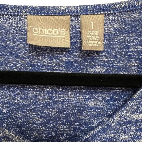 Chicos Blue White Knit 3/4 Sleeve Sweater Rolled Cuff, Size 1 - Picture 2 of 10